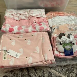 NWT- Baby Girl Bundle- blankets, swaddles, bibs, onesies, hat, outfit, & shoes